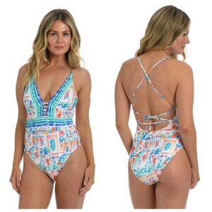 💕LA BLANCA💕 Terra Print Plunge Neck One-Piece Swimsuit ~ 10 Tera Italia NWT